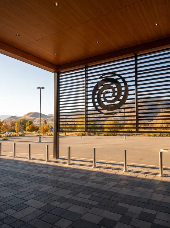Covered casino entrance with a spiral emblem
