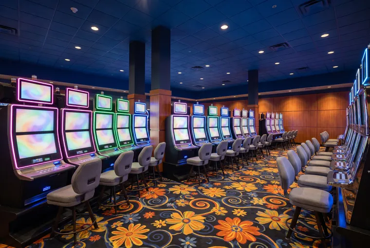 Rows of slot machines over a bright flower carpet