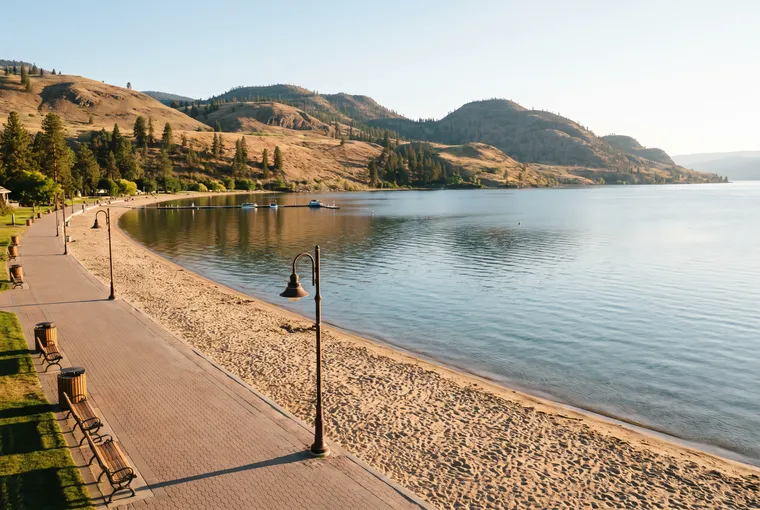 Lakeside promenade beside a sandy beach