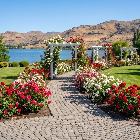 Path through rose beds and white arbours